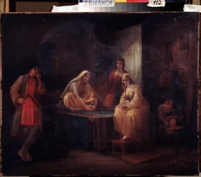 V pokoji. Orientalistická scéna s tanečnicemi Shamakha v Ázerbájdžánu se sešla v harému. Obraz Grigorije Grigorijeviče Gagarina (1810-1893), olej na plátně, ruské umění 19. století. Státní muzeum gruzínského umění, Tbilisi (Georg