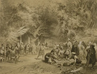 Konec lovu, Mingrelie, deska 6 z knihy o Kavkazu, vyryl Adolphe Mouilleron (1820-81), vydal Alfred Leon Lemercier, Paříž, 1847.
