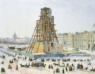 Alexandrův sloup na lešení, 1833.
