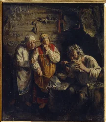 Léčitel (Witch Doctor). V chudé, venkovské chatrči dvě bosé ženy oblečené ve folklórních šatech úzkostlivě sledují starého muže, jak popíjí bylinný lék, vedle něj paličku na přípravu léčivých směsí.