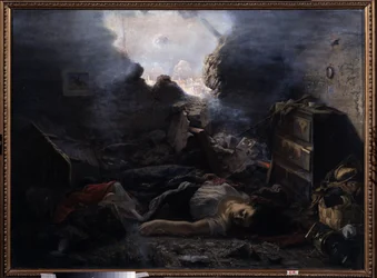Obléhání Sevastopolu (Ukrajina). Popis zvěrstev krymské války (1853-1856) během obléhání Sevastopolu v roce 1854. Těla ženy a jejího dítěte leží na podlaze jejich domu se strženou zdí