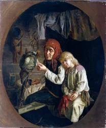 Předení - Předení - Malba Grigorije (Grigorij, Grigorij) Grigorjevič Mjasojedov (Mjasoedov, Miasoedov) (1834-1911), olej na plátně