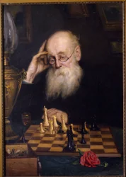 Šachy proti sobě (Šachy se sebou samým). Obraz Grigorije (Grigoriy, Grigory) Grigoryevich Myasoyedov (Myasoedov, Miasoedov) (1834-1911), olej na plátně