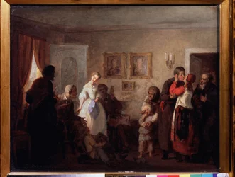 Gratulujeme novomanželskému páru v zámku. (Gratulujeme novomanželům v panském domě). Obraz Grigorije (Grigoriy, Grigory) Grigoryevich Myasoyedov (Myasoedov, Miasoedov) (1834-1911), olej na plátně