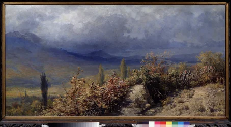 Pohled na Krym na podzim (podzimní pohled na Krym). Obraz Grigorije (Grigoriy, Grigory) Grigoryevich Myasoyedov (Myasoedov, Miasoedov) (1834-1911), olej na plátně