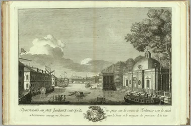 Pohled na řeku Fontanka z knihy Grotto Book k 50. výročí založení Petrohradu, 1753