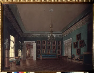V pokoji. Obraz Grigorije Karpoviče Michajlova (1814-1867), olej na plátně. Ruské umění 19. století. Státní Treťjakovská galerie, Moskva.
