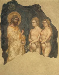 Adam a Eva před věčným, od Guarienta (aktivní od roku 1338, zemřel kolem roku 1367), freska, kaple Carrarese, Galilean Academy of Arts and Sciences, dříve Patavina, Padova, Itálie, kolem roku 1350