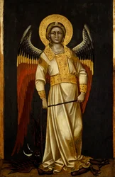 Anděl s démonem na řetězu od Guarienta (aktivní 1338-1367 nebo 1370), tempera na panelu, cca 1354