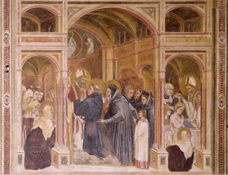 Roucha a křest Augustina, scéna z Příběhů svatého Filipa a svatého Augustina, od Guarienta (aktivní od 1338, zemřel cca 1367), freska, kostel Eremitani (poustevníci), Padova, Veneto. Itálie