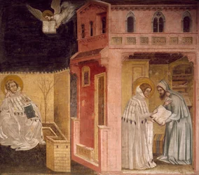 Vision of St Augustine, výjev z Příběhů svatého Filipa a svatého Augustina, od Guarienta (aktivní od 1338, zemřel 1367 nebo 1370), freska, kostel Eremitani (poustevníci), kostel Eremitani (poustevníci), Itálie