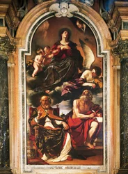 Nanebevzetí Marie se sv. Petrem a sv. Jeronýmem, od Giovanni Francesca Barbieriho, známého jako Guercino (1591-1666), olej na plátně. Katedrála Santa Maria Assunta, Reggio Emilia.