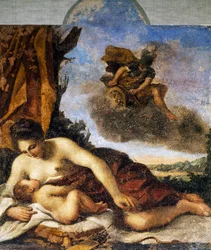 Venuše kojící láska, obraz Giovanni Francesco Barbieri, známý jako il Guercino (1591-1666).