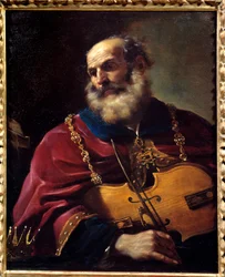 Král David (hraje na housle). Obraz Barbieri Giovanni Francesco dit Le Guerchin (1591-1666)