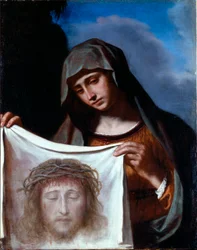 Svatá Veroniko. Svatý závoj představuje tvář Krista, jehož pot se Veronique údajně zpotila při výstupu na Kalvárii. Obraz Giovanni Francesco Barbieri Guerchin dit Il Guercino (1591-1666) Geny 17. století, Collection Banca Ca