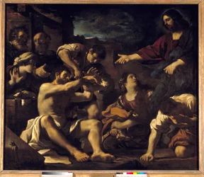 Vzkříšení Lazara. Obraz Giovanni Francesco Barbieri Guerchin v Il Guercino (1591-1666). 1619 ne. 2,01 x 2,33 m