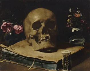 Guercino - Zátiší vanitas s lebkou na vrcholu knihy, přesýpacími hodinami a dvěma skleněnými vázami s květinami
