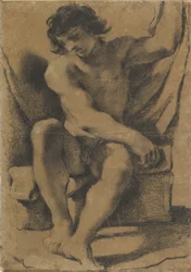Sedící nahý mladý muž v téměř čelním pohledu, kolem 1618
