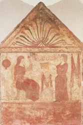 Malovaný náhrobek zobrazující ženu sedící na trůnu při předení, z Andriuolo-Laghetto v Paestum, Kampánie, Itálie