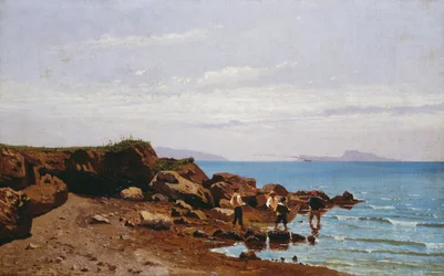 Rybáři na neapolském pobřeží, s ostrovem Capri v pozadí, Guglielmo Ciardi (1842-1917), olej na plátně, 47,5x76,5 cm