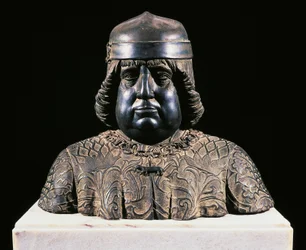 Busta Alfonse Aragonského, cca 1490, od Guida Mazzoniho (cca 1450-1518), bronzová plastika, výška 42 cm, Itálie