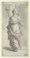 Dívka nesoucí krucifix a kráčející k pilastru, při pohledu zezadu, ca. 1590-1600.