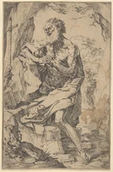 Svatý Jeroným klečící na skále před křížem a otevřenou knihou obrácenou doleva,..., ca. 1600-1640.