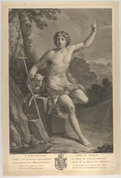 Svatý Jan Křtitel v poušti, sedící na skále a směřující vzhůru levým h..., 1770