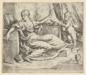 Sedící žena držící tablet a kompas, alegorie učení, okřídlený putto ..., ca. 1600-1640.