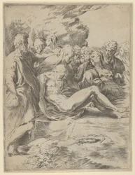 Pohřeb, Kristus s roztaženýma nohama, Panna vpravo, 1590-1600.