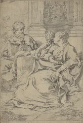 Svatá rodina sedí spolu před kolonádou, svatý Josef čte a..., ca. 1590-1610.