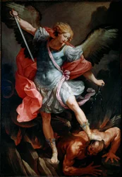 Archanděl Saint Michael rozdrtí hlavu démonovi Silk Painting od Guida Reniho zvaného Průvodce