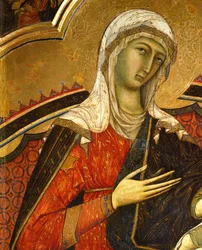 Mariina tvář, detail z obrazu Majestát od Guida da Siena (asi 1230-ca 1290), detail, Sloupová síň, Palazzo Pubblico (radnice), Siena