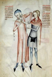 Chirurgie: lékař zkoumá klouby svého pacienta natažením paže (osteopat). Miniatura v knize „Liber notables Philippi, sedmý král Franků, vytažená z knih Galienových““, kterou napsal Gui (Guy) z Pavie