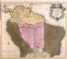 Mapa Peru, Guyany, Brazílie a oblastí Amazonie (lept