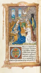 Tištěná kniha hodin (římské užití): fol. 60v, Zvěstování Panně Marii