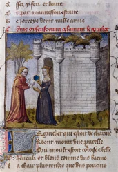 Galantní scéna dvou milenců: dívka zve svého milence, aby vstoupil. Miniatura z „Le Romanesque de la Rose“ od Guillauma de Lorrise