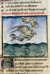 "" Dedale a Icarus "" (Icarus a Daedalus) Aby unikl na Minos, Dedale tlačí svého syna Ikara, aby odletěl díky svým voskovým křídlům. Miniatura od Guillauma Lorrise z rukopisu „"Řím z růže"