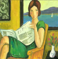 Dívka čtoucí noviny, 2013 (kvaš na papíře)
