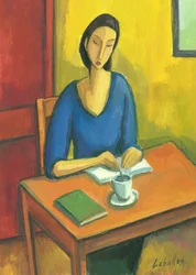 Dívka s knihami a kávou, 2010 (kvaš na papíře)