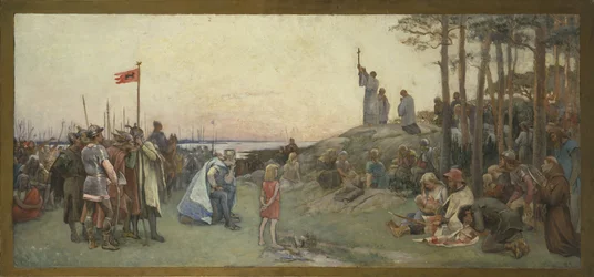Saint Anschaire (Anschaire de Breme, Oscar ou Ansgar, 801-865) prechant le christianisme - Ansgar káže křesťanství, Cederstroem, Gustaf (1845-1933). Olej na plátně