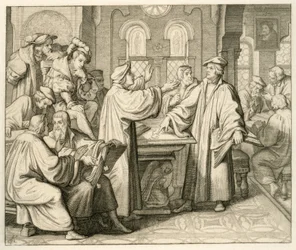 Luther a Ulrich Zwingli (1494-1531) diskutující o svátosti a nemají žádnou shodu, v Marburgu 1529