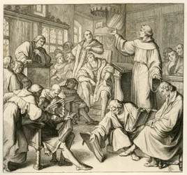 Martin Luther v diskusi s Dr. Johannes Eck (Johann Maier von Eck) (1486-1543), na straně Luthera Philipp Melanchthon (1497-1560) a Karlstadt (Andreas Rudolf Bodenstein von Karlstadt