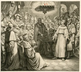 Martin Luther před císařem Karlem, vedle něj jeho bratr Ferdinand