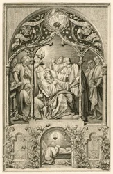 Smrt Martina Luthera, Lutherovi dva synové, klečící před svým otcem, Dr. Justus Jonas říká poslední slova, za nimi se modlí Michael Coelius, Johannes Aurifaber se svícnem, lékař Simon Wild s léky a vpravo hrabě Albr.