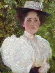 Dívka v listí, kolem roku 1908 (olej na plátně)