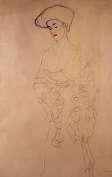 "Mit leichter wendung nach links" (Legerement tourne vers la gauche). Dessin by Gustave Klimt (1862-1918). Crayons de couleurs. Collection privee