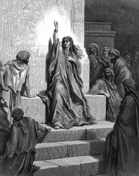 Deborah, hebrejská prorokyně, která vysvobodila svůj lid z Jabina, krále Kanaánu, a jeho vojevůdce Sisery, zpívajíc svou vítěznou píseň. Rozhodčí 5:1. 13. století před naším letopočtem. Z ilustrované Bible Gustava Dorea 1866. Dřevoryt.