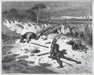 Moralizace dona Quijota o nevděčnosti – z „Don Quijote de la Mancha“ od Miguela Cervantese (1547-1616) (Don Quijote) - dřevořez podle kresby Gustava Dorea