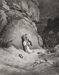 Hagar a Izmael na poušti, ilustrace z Doreovy "Bible svaté", vyryl Piaud